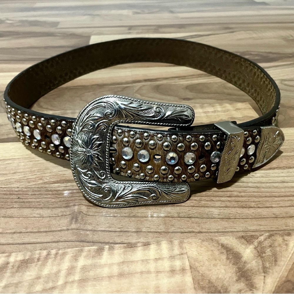 DDD 3D Genuine Leather Rhinestone Belt - Western Flower Buckle, Size 34